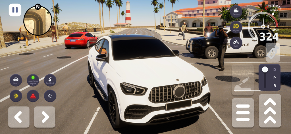 3D Suv Car Driving Simulator - White SUV driving on a coastal road in a 3D car simulator game with police car and pedestrian characters