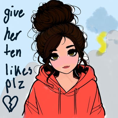 realistic girl with a massy bun and a hoodie