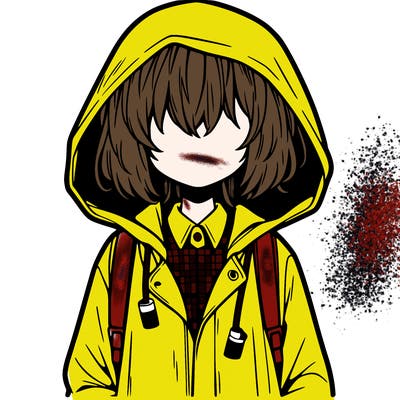 little anime girl in a raincoat her hair is covering her eyes she has a lighter