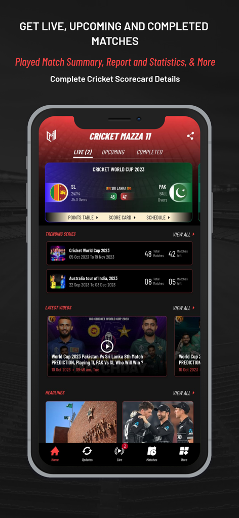 Cricket Mazza 11 - Cricket Mazza 11 app dashboard featuring live cricket scores, upcoming matches, and video highlights.