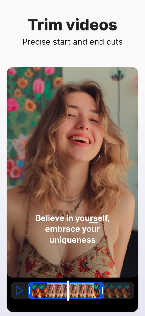 Capsula AI: Video Captions App - Mobile app interface showing the video trimming tool with precise start and end cuts for social media content.