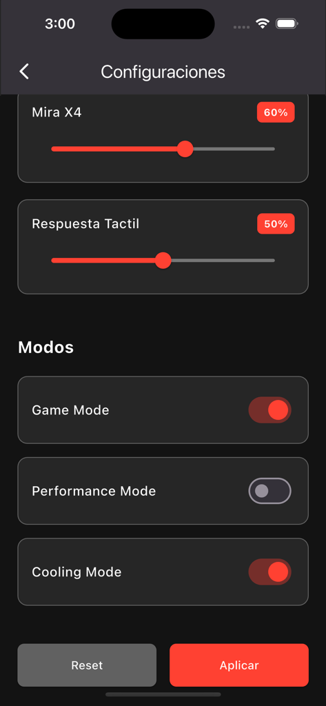 Macro Tools Pro - Interfaz de configuración de Macro Tools Pro que muestra controles deslizantes de sensibilidad para Mira x4 y respuesta táctil junto con interruptores para modos de juego y refrigeración