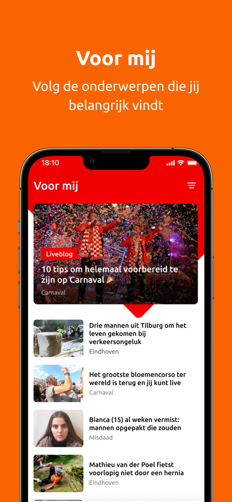 Omroep Brabant - Omroep Brabantニュースアプリのインターフェース。北ブラバントからのローカルストーリーを表示するパーソナライズされたニュースフィードが表示されています。