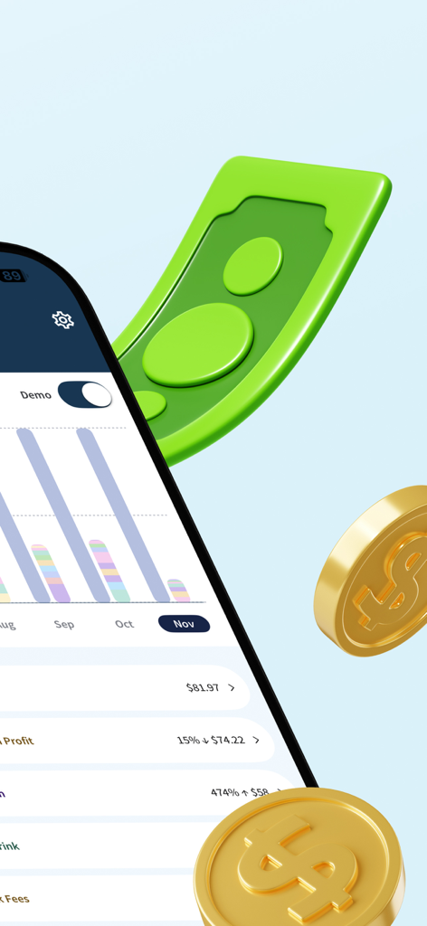 スマートフォン画面。ATMアプリの財務追跡ダッシュボード。浮動するドルコインと緑色の紙幣が表示されています