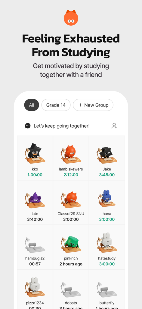 Mobile interface of QANDA showing a study group with student avatars and active study timers