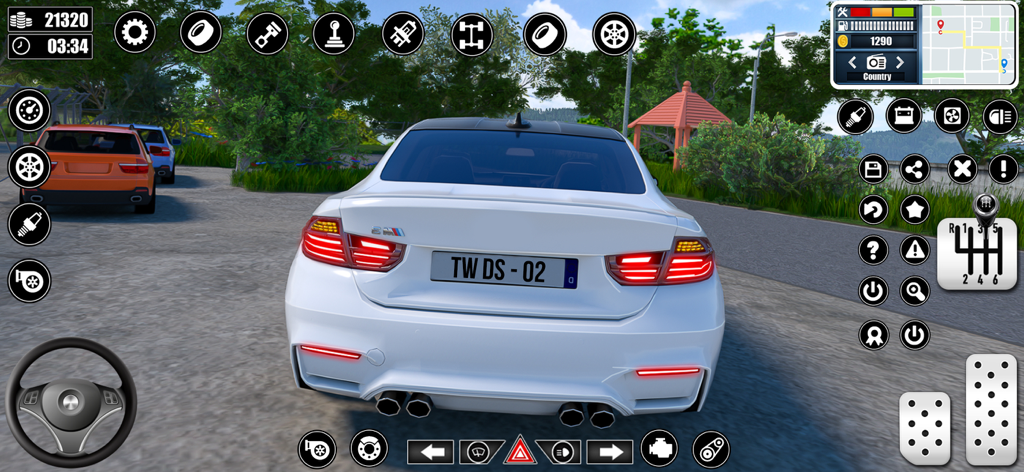 City Driving School Car Games - A white car in a city driving simulation game featuring a detailed manual gear shifter and steering interface.