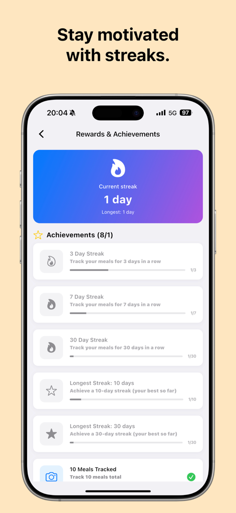 Nutri AI: Calorie Tracker - Nutri AI app rewards and achievements screen showing daily meal tracking streaks