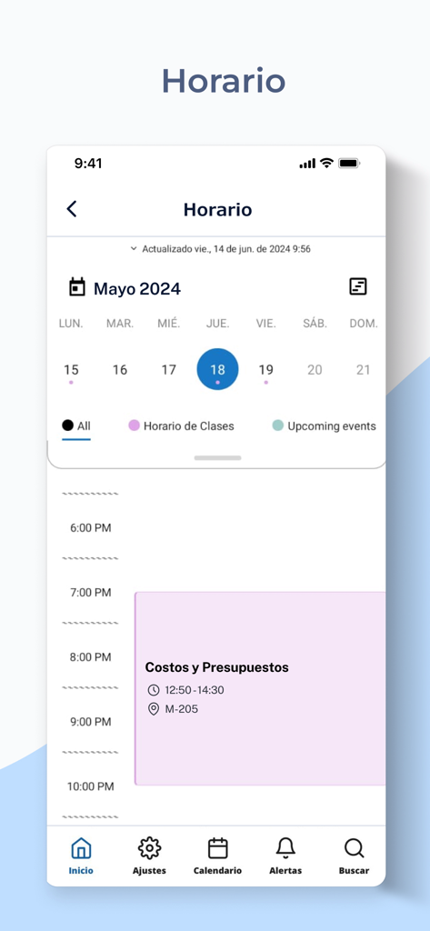 Científica Móvil - Interfaz de la aplicación Científica Móvil que muestra el horario semanal de clases y el calendario de un estudiante