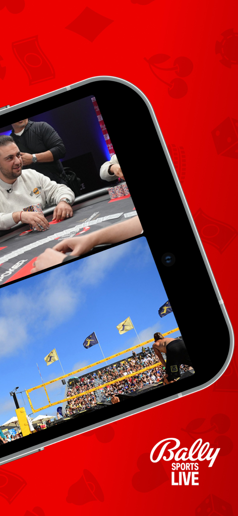 Bally Sports Live - Bally Sports Live app displaying multiview feature with simultaneous poker and beach volleyball streams