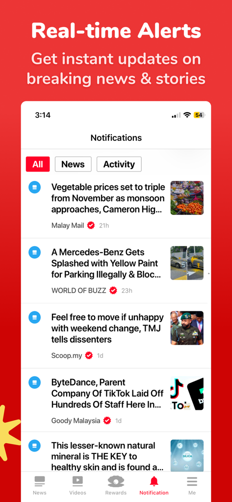 Newswav app interface displaying real-time alerts and breaking news notifications.