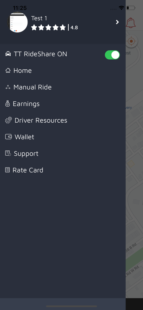 TT RideShare Driver - Side navigation menu of the TT RideShare Driver app displaying options for Earnings Wallet and Support