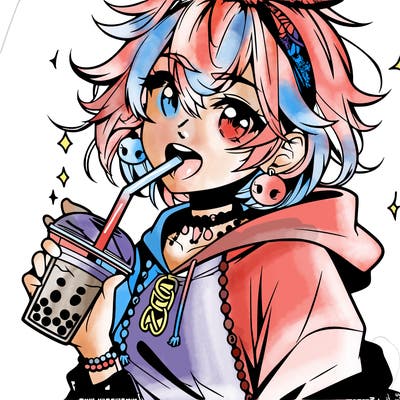 hot baddie anime girl drinking boba and biting the straw