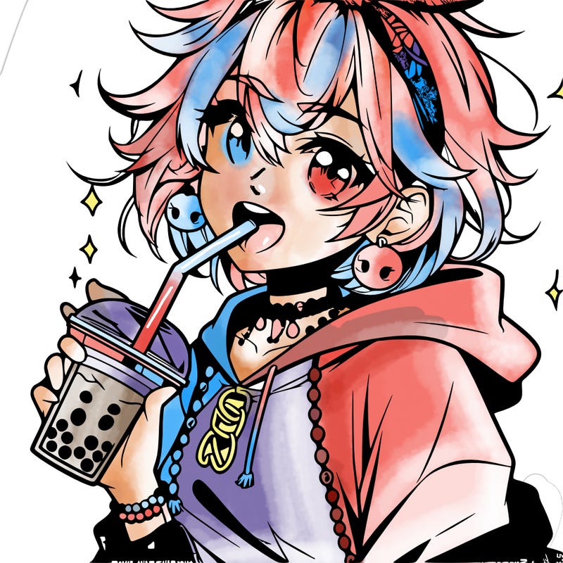 hot baddie anime girl drinking boba and biting the straw
