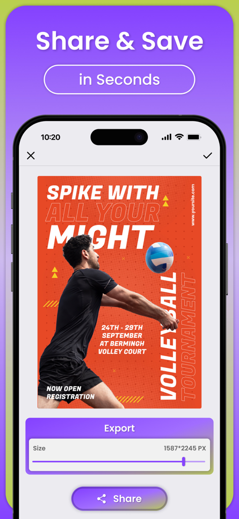 A mobile interface from the Poster Maker app showing export options and a share button for a custom volleyball tournament flyer