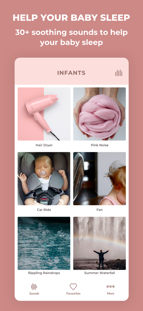 Interfaccia dell'app Sleeptot che mostra vari suoni di rumore bianco per neonati tra cui rumore rosa e pioggia