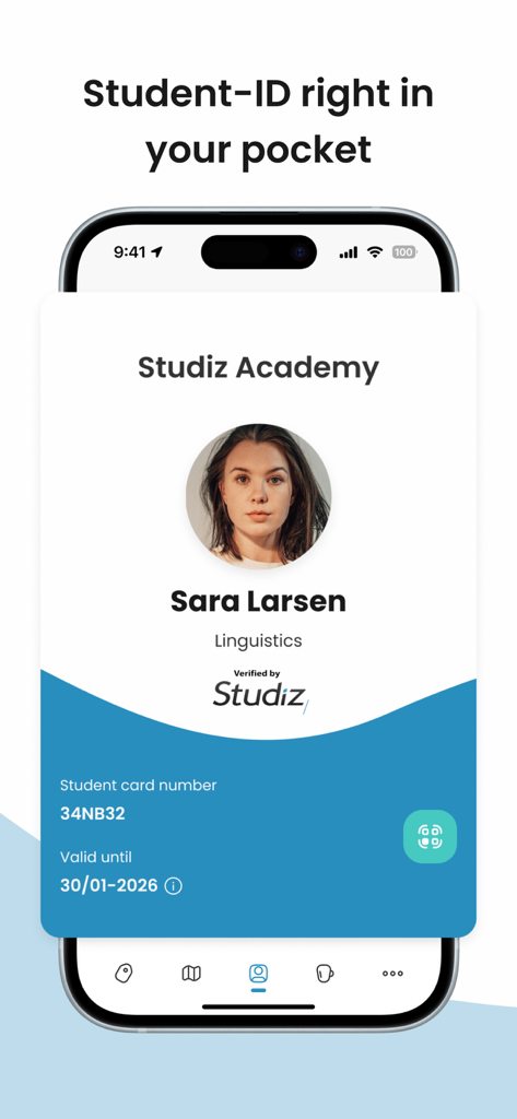 Studiz USA - Studiz USA 앱에서 디지털 학생증을 표시하는 스마트폰 화면