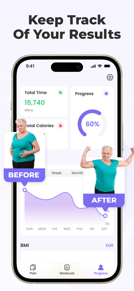 Chair Yoga for Seniors at Home - Pantalla de la aplicación de yoga en silla que muestra el seguimiento del progreso y los resultados de antes y después de una mujer mayor