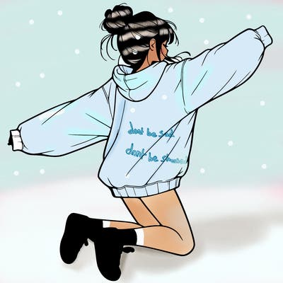 realistic girl jumping with a bun and oversized sweatshirt
