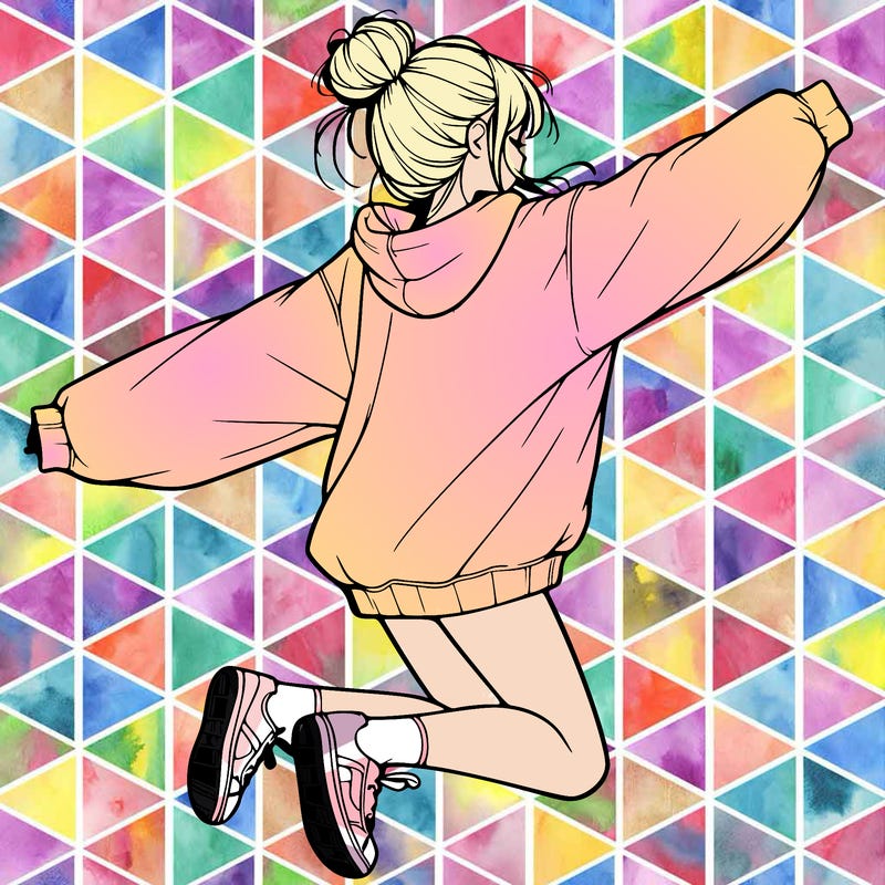 realistic girl jumping with a bun and oversized sweatshirt