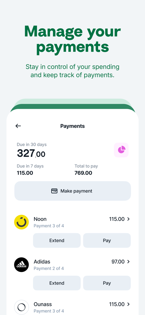 Mobile interface of the Tabby app showing the payments management screen with installment tracking for brands like Adidas and Noon