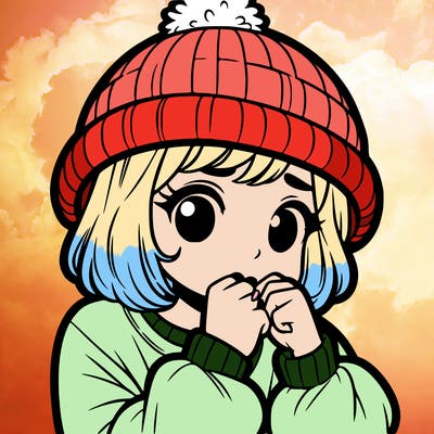 girl with puffy hat bitting on her fingernails