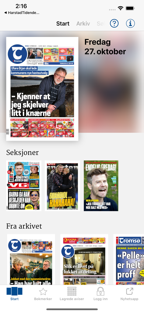 iTromsø - Tela inicial do aplicativo móvel iTromso mostrando a réplica do jornal digital e seções de arquivo.