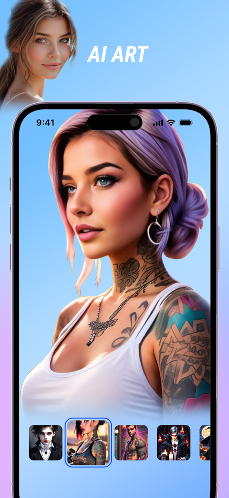 Future Self Face Aging Changer - AI art generator screen showing a tattooed woman avatar and style options