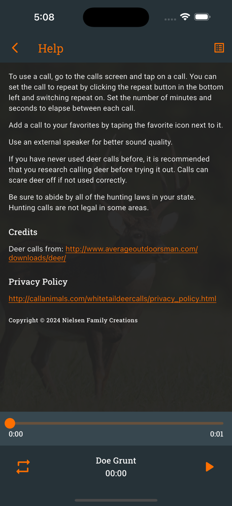 The help section of the Whitetail Deer Calls app providing instructions on sound usage and hunting legalities.