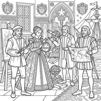 Step back into the golden age of art and discovery with this captivating coloring page featuring iconic Renaissance personalities. Perfect for history buffs and creative minds, it offers a glimpse into a transformative era.