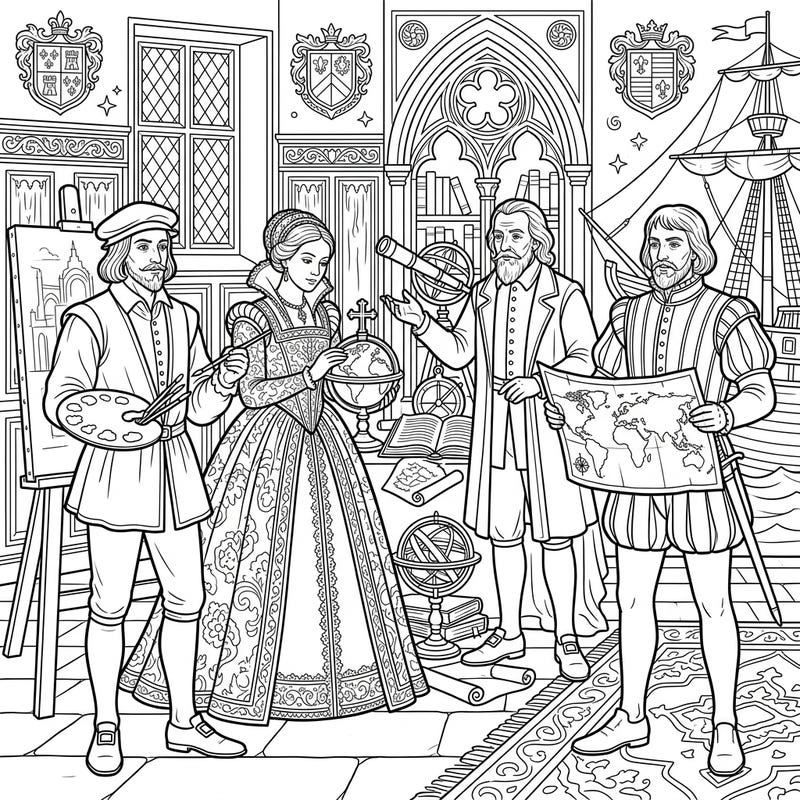 Step back into the golden age of art and discovery with this captivating coloring page featuring iconic Renaissance personalities. Perfect for history buffs and creative minds, it offers a glimpse into a transformative era.