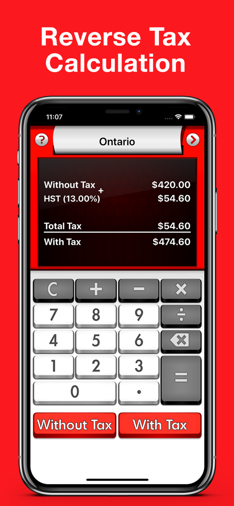Captura de tela do aplicativo Calculadora de Imposto sobre Vendas do Canadá mostrando um cálculo reverso de impostos para o HST de Ontário.