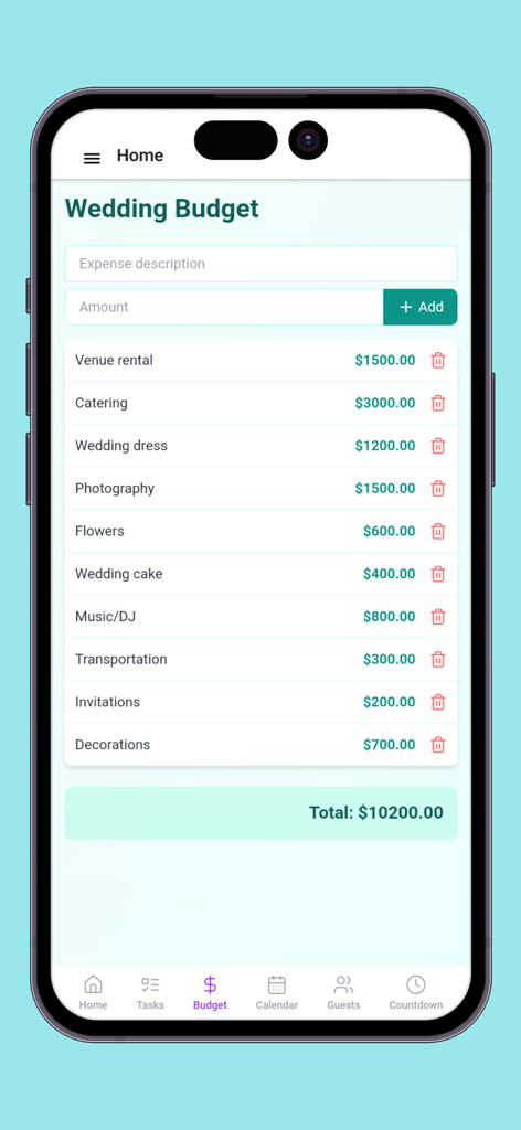 A mobile app screen showing a wedding budget tracker with a list of expenses and a total amount
