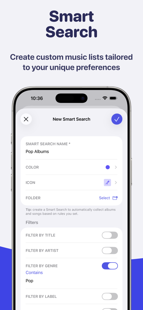 MusicBox: Catalog and Organize - Interfaz para crear una Búsqueda Inteligente personalizada en la aplicación MusicBox para organizar la música por género