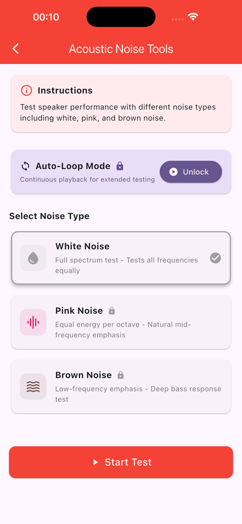 Speaker Test – Moisture & Dust - Acoustic noise tools selection screen for speaker performance testing