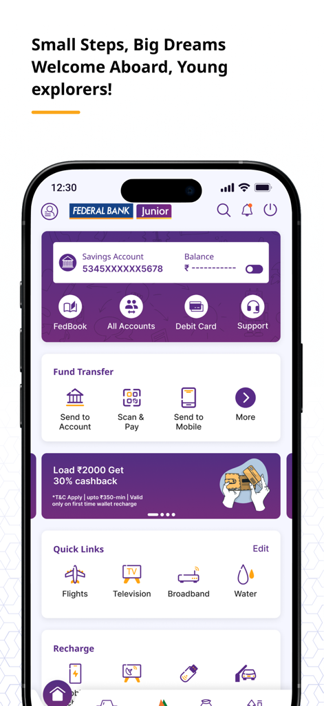 FedMobile Junior app dashboard showing savings account balance and fund transfer options for young users