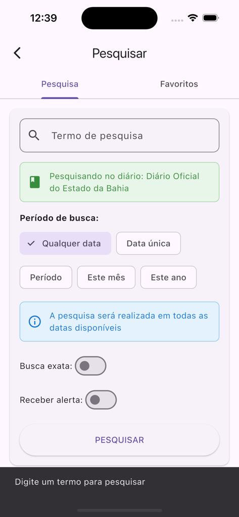 EGBA - Imprensa Oficial - La interfaz de búsqueda de la aplicación EGBA Imprensa Oficial que muestra filtros de búsqueda para el Boletín Oficial de Bahía.