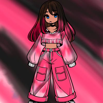 cute girl with straight hair in baggy jeans and a crop top and a sweater