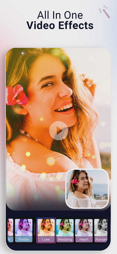 Video Music Add Background - Mobile app interface showing all in one video effects and filters for video editing