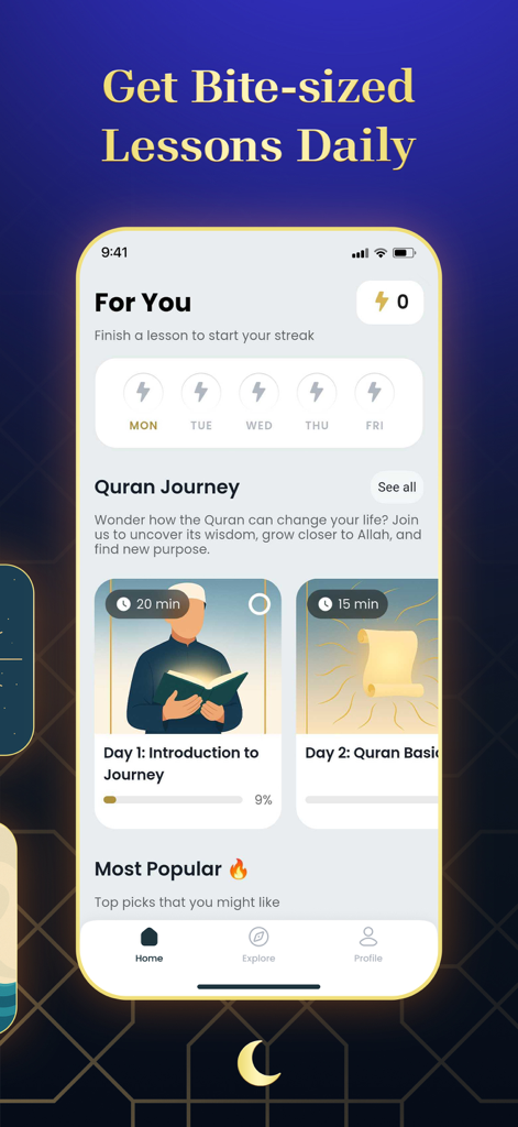 The home screen of the AyahPath Daily app showing bite-sized Quran lessons and a daily streak indicator.
