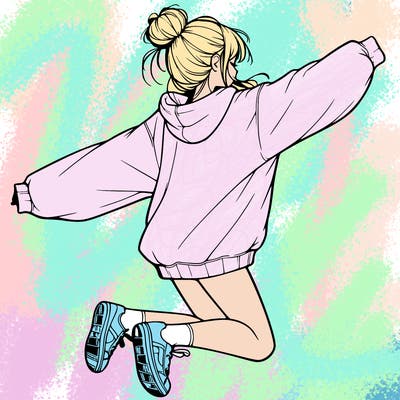 realistic girl jumping with a bun and oversized sweatshirt