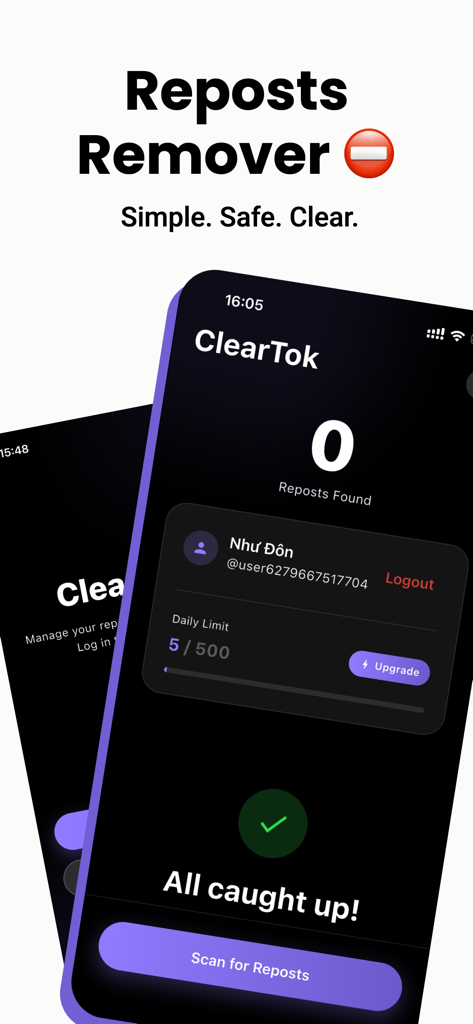 ClearTok: Repost Remover - ClearTok 모바일 앱 인터페이스가 리포스트 요약과 리포스트 스캔 버튼을 보여줍니다.