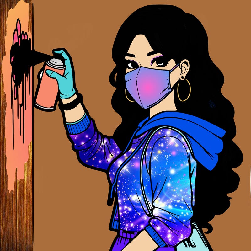 realistic girl with mask spray painting a wall