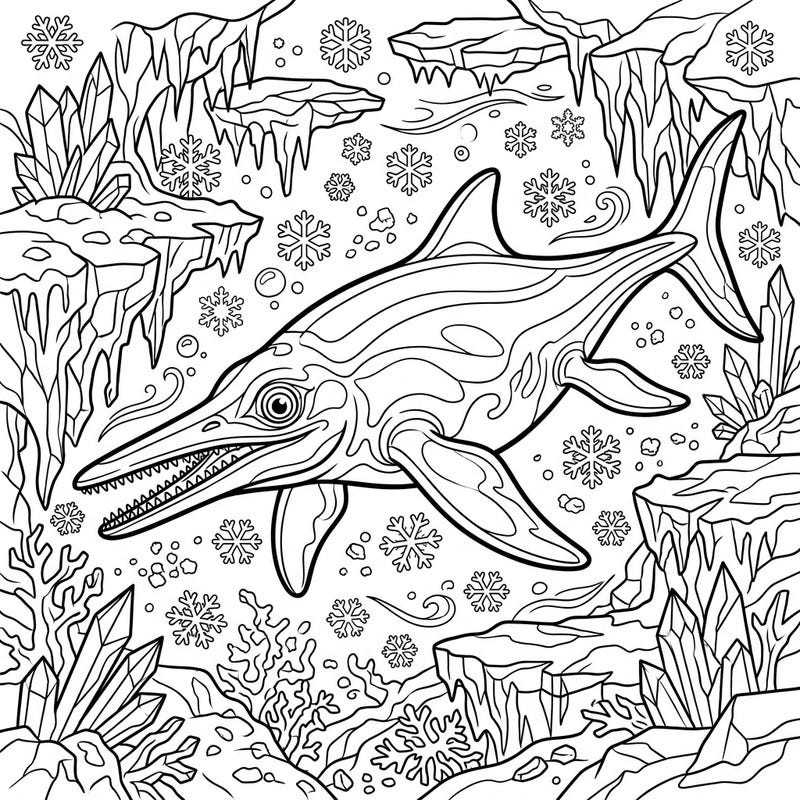 Discover a prehistoric marvel in a frosty setting with this unique Leptopterygius Winter Wonderland coloring page. Bring this powerful ichthyosaur and its icy habitat to life with your favorite colors.