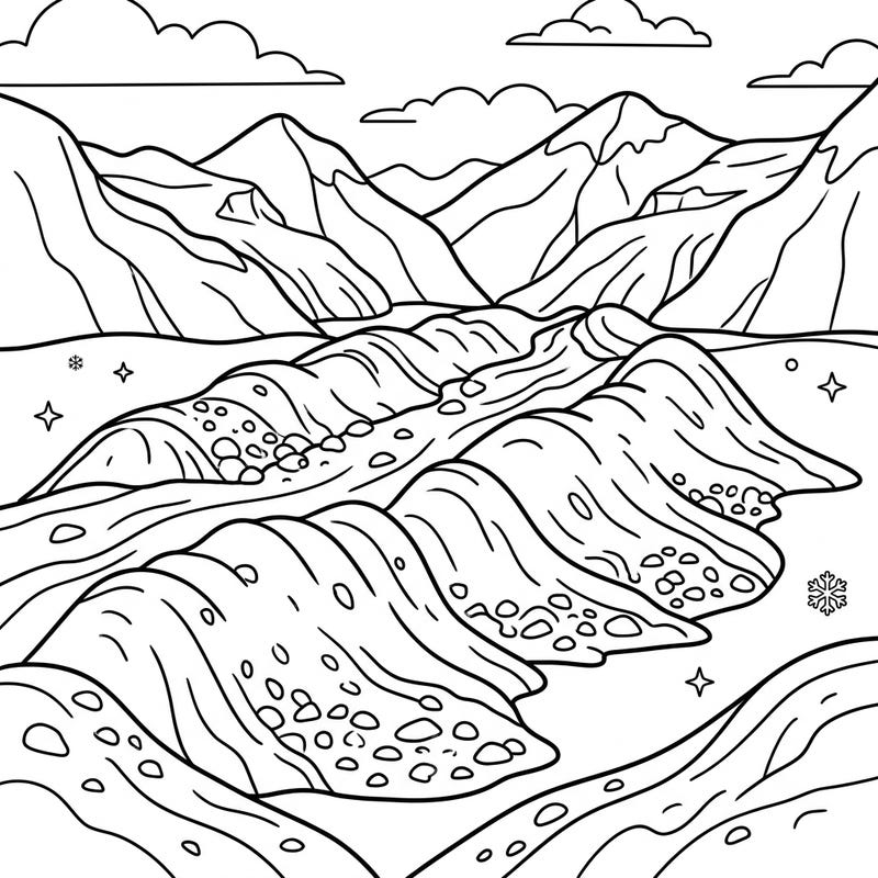 Dive into the fascinating world of geology with this captivating moraines coloring page, designed especially for young artists aged 4-8. Kids will love bringing these unique glacial landforms to life with their favorite colors, alongside majestic mountains and playful snow patterns.