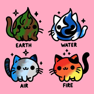 4 cats that represent the different elements, earth, water, air, and fire