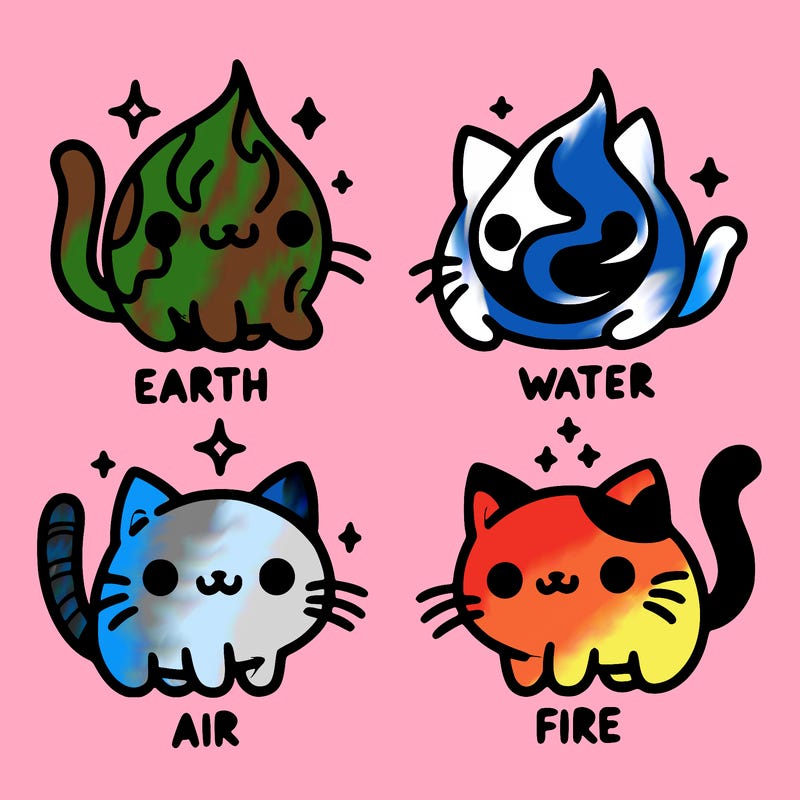4 cats that represent the different elements, earth, water, air, and fire