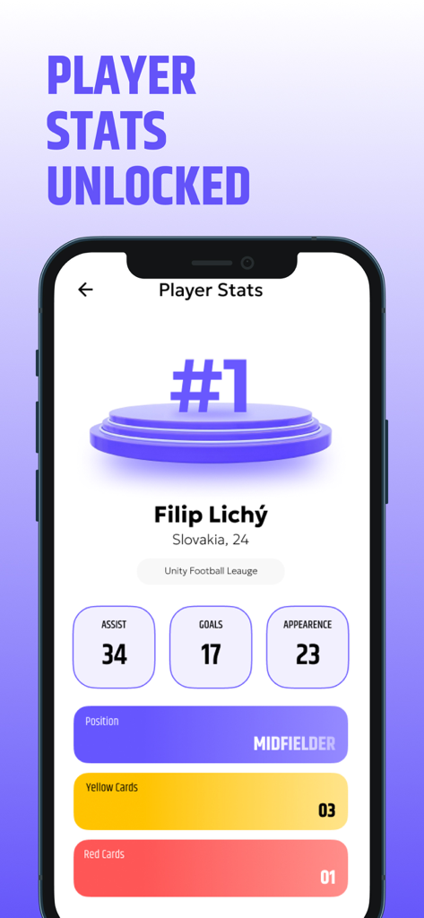 Sada Football - Live Today - Interface do aplicativo Sada Futebol mostrando estatísticas detalhadas de jogadores para um meio-campista, incluindo gols e assistências