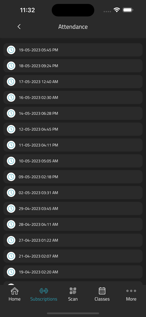 Ramla Studio - Attendance history screen showing a list of past gym visit dates and times
