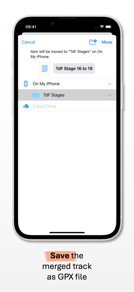 Track Merger - Interface of the Track Merger app showing how to save a merged GPX track to an iPhone folder