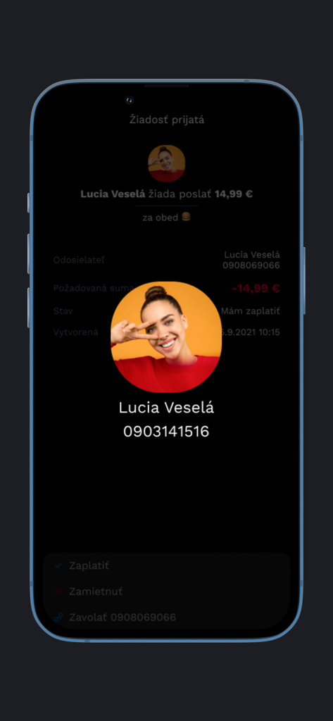 Tatra banka VIAMO - Mobile screen showing a payment request for lunch in the Tatra banka VIAMO app